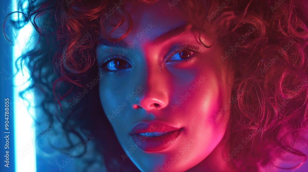 A vibrant portrait of a smiling woman with curly hair, highlighted by colorful lighting looking at viewer, A vibrant portrait of a smiling woman with curly hair, highlighted by colorful lighting looking at viewer,
