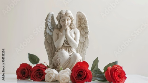 praying angel statue with red roses at the bottom