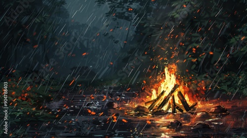 43. Campfire in Rain, realistic style, bold colors, metallic pattern, over-the-shoulder, natural light, sparks,