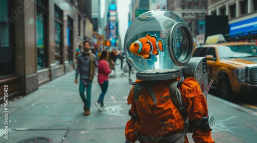 robot with a head made out of a fish bowl with a clownfish inside, walking down a street