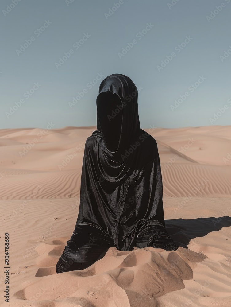 Person in black robes sitting on sand Person in black robes sitting on sand
