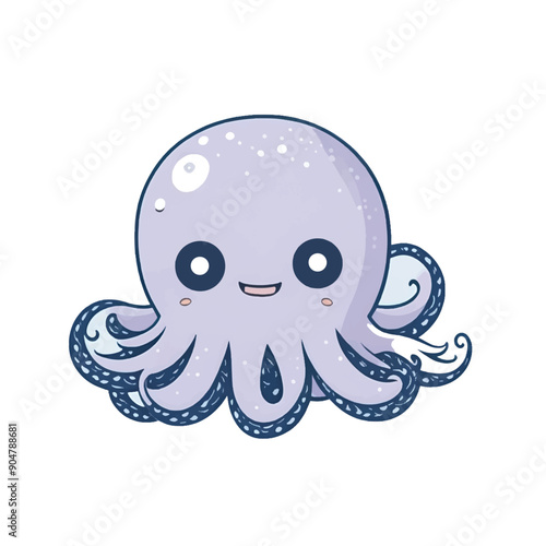 Cute octopus kawaii cartoon character on white background, vector illustration