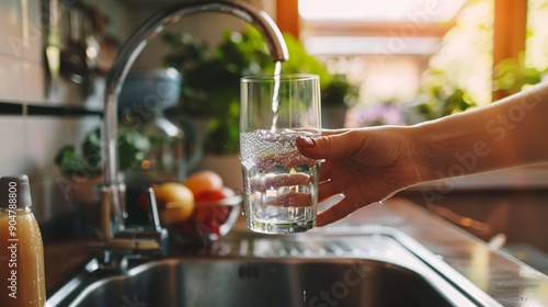 Female hand retrieving a glass of purified water from kitchen tap, promoting a lifestyle of wellness.