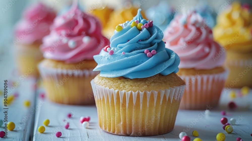 Pink and yellow cupcakes on white table Pink and yellow cupcakes on white table