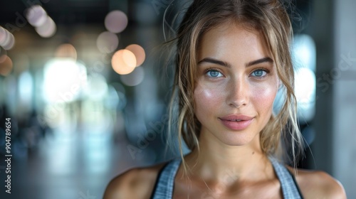 CloseUp Portrait of Fit Young Woman with Blue Eyes and Natural Glow at Modern Gym