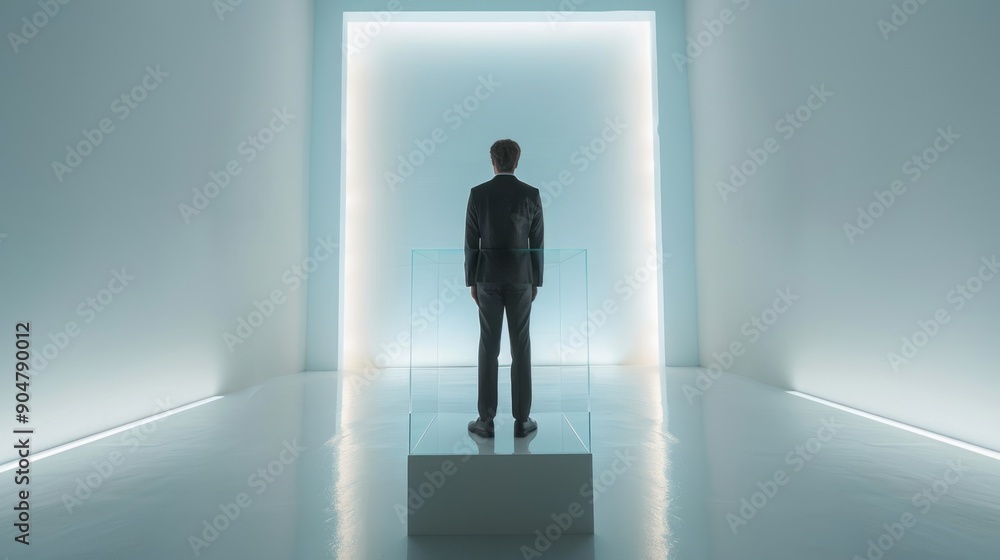 Fototapeta premium person in a business suit standing at a clear glass podium, addressing an audience in a large conference hall, bright indoor lighting