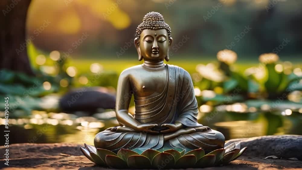 A meditating Buddha statue in the lotus position in a serene natural setting. A meditating Buddha statue in the lotus position in a serene natural setting.
