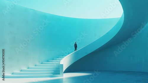 person standing at the top of a minimalist modern staircase, against a clean pastel blue background