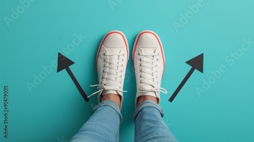person's feet standing on a clean, solid pastel blue background, with black arrows pointing in different directions