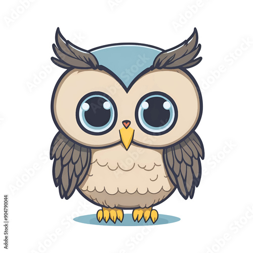 Cute kawaii owl cartoon character on white background, vector illustration