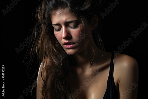 Woman with long black hair looking down