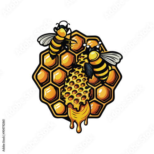 Illustrate a vector cross-section of a honeycomb with bees and honey dripping.