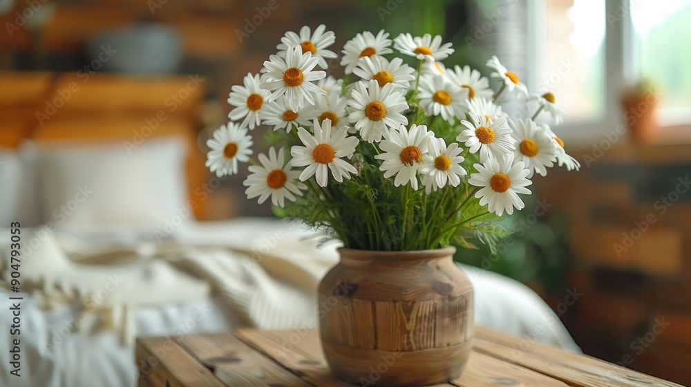 Daisies in a Wooden Vase on a Table Daisies in a Wooden Vase on a Table