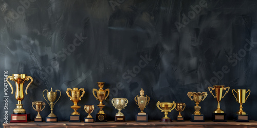 High-End Business Concept Featuring Awards and Trophies Cascading Against a Dark Office Shelf photo