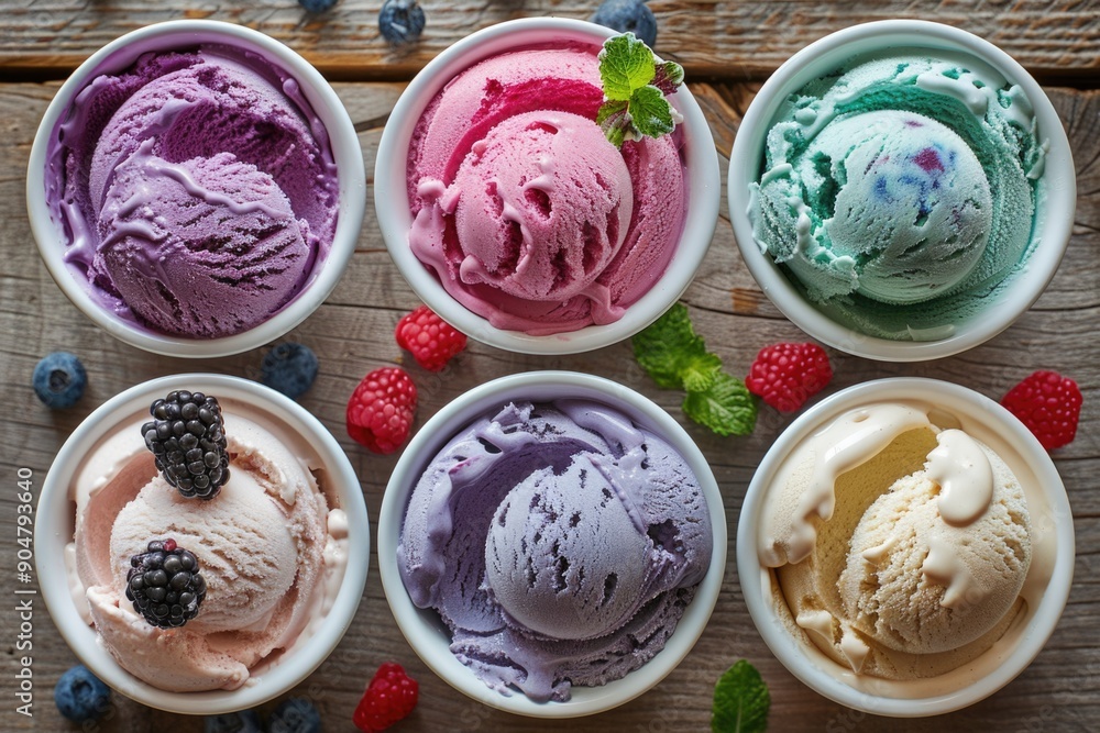 Six flavors of ice cream on wooden table Six flavors of ice cream on wooden table