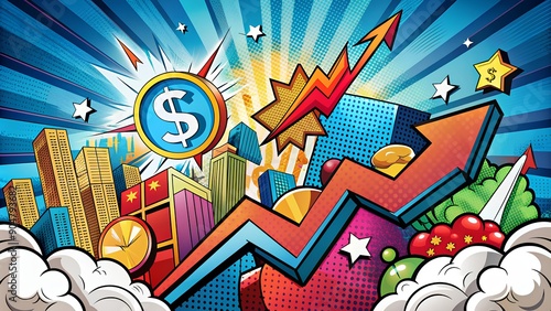 Pop Art Style Illustration of Business Growth. Comic Elements, Dollar Signs, Rising Graphs, Dynamic Characters, Halftone Patterns, Speech Bubbles, Exaggerated Expressions, Thriving Success
