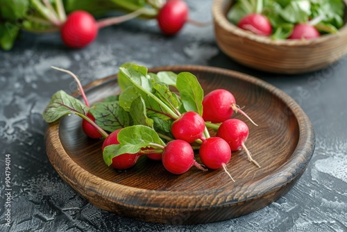 Fresh red radishes on wooden plate