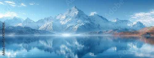 Mountain Majesty: Towering snow-capped mountains reaching towards a clear blue sky, with a pristine lake reflecting the beauty above.