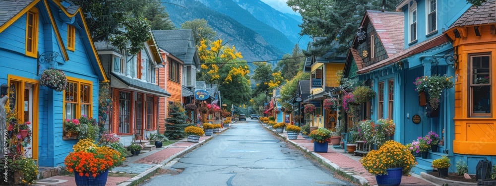 Obraz premium A panoramic view of a vibrant city with houses nestled against the mountains, surrounded by lush trees and a clear sky, showcasing a summer landscape of nature and architecture