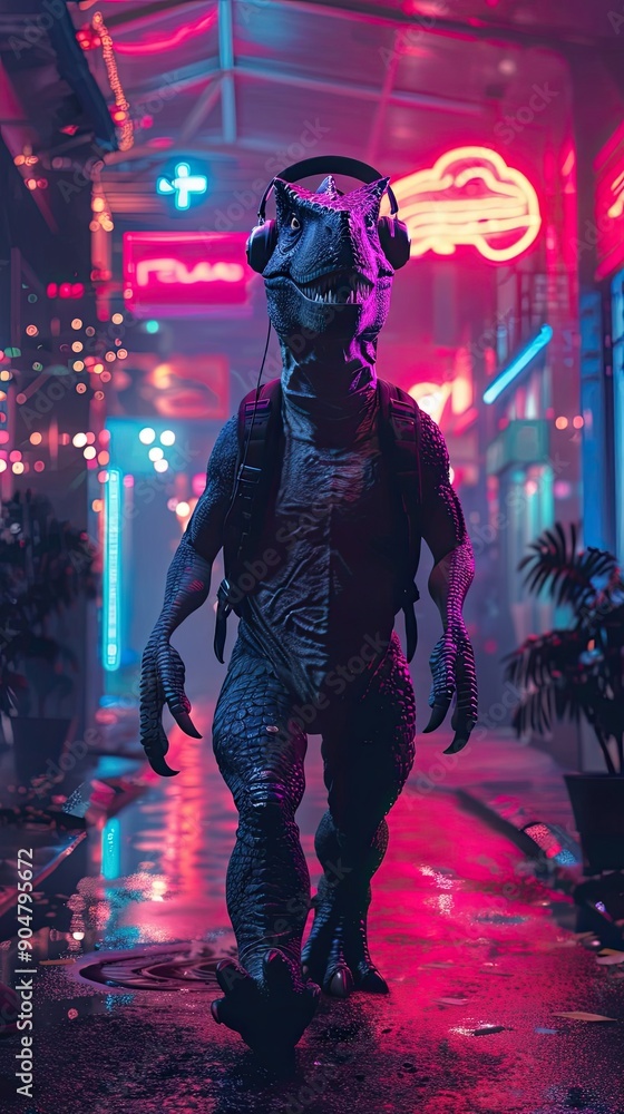 A Dinosaur Wearing Headphones Walks Through a Neon-Lit City Street A Dinosaur Wearing Headphones Walks Through a Neon-Lit City Street
