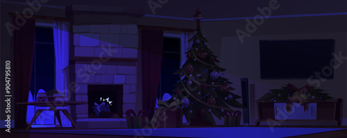 Dark living room on X-mas eve. Vector cartoon illustration of home interior decorated for winter holidays, gift boxes in fireplace and under tree with toys and garland, night moonlight in window