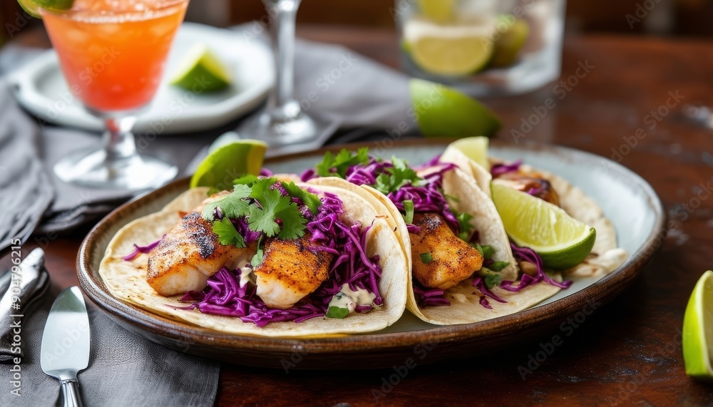 Tacos de pescado a la parrilla con col morada y cilantro servidos con rodajas de lima en un restaurante. Tacos de pescado a la parrilla con col morada y cilantro servidos con rodajas de lima en un restaurante.