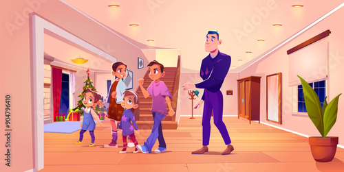 Father and kids at home on X-mas eve. Vector cartoon illustration of happy family in house hallway, living room decorated for winter holidays, gift boxes under tree, happy man smiling at children