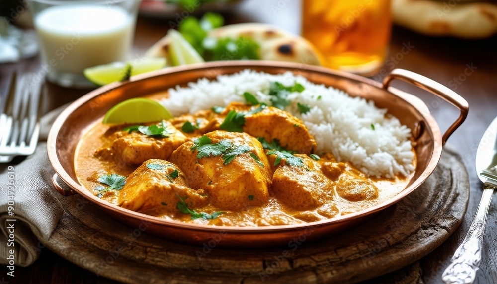 Pollo al curry con arroz y cilantro en un plato de cobre, servido con bebida y naan en un entorno acogedor. Pollo al curry con arroz y cilantro en un plato de cobre, servido con bebida y naan en un entorno acogedor.