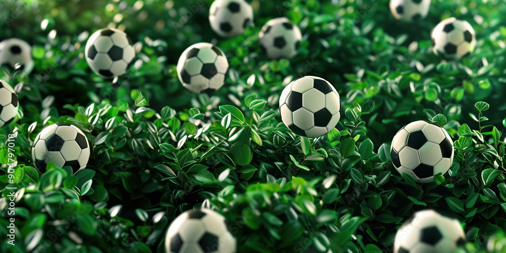 Dynamic Sports Concept: Soccer Balls in Motion Landing on a Lush Green Field Dynamic Sports Concept: Soccer Balls in Motion Landing on a Lush Green Field