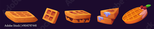 Freshly baked pancakes with sweet syrup and chocolate topping. Cartoon vector illustration set of breakfast Belgian waffle cake. Cooked healthy cereal dessert food - bakery biscuit with jam or cream.