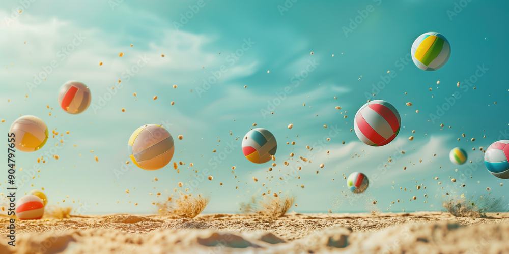Fototapeta premium Innovative Sports Image: Volleyballs in Motion on a Sunny Beach with Sand and Ocean