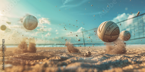 Beach Volleyball Fun: Volleyballs Bouncing on Sandy Beach Background in a Creative Sports Setting photo