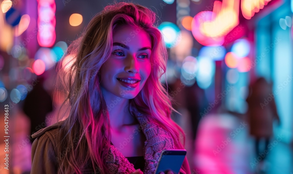 Beautiful Young Woman Using Smartphone Standing on the Night City Street Full of Neon Light. Portrait of Gorgeous Smiling Female Using Mobile Phone, Generative AI