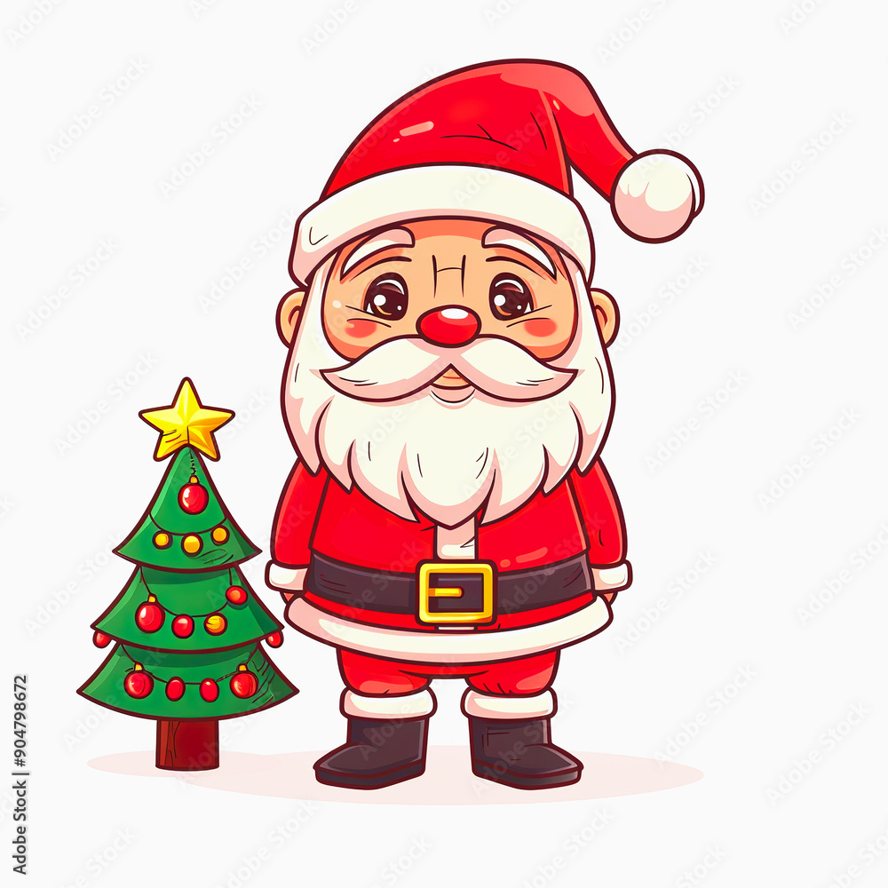 Cheerful Cartoon Santa Claus Standing Next to a Decorated Christmas Tree Cheerful Cartoon Santa Claus Standing Next to a Decorated Christmas Tree