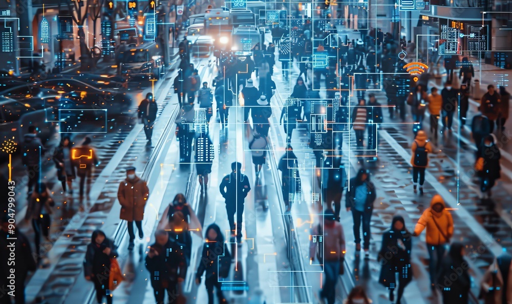 Elevated Security Camera Surveillance Footage of a Crowd of People Walking on Busy Urban City Streets. CCTV AI Facial Recognition Big Data Analysis Interface Scanning, Showing Personal, Generative AI