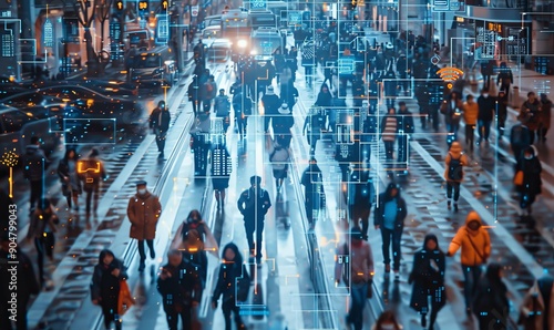 Obraz na płótnie Elevated Security Camera Surveillance Footage of a Crowd of People Walking on Busy Urban City Streets. CCTV AI Facial Recognition Big Data Analysis Interface Scanning, Showing Personal, Generative AI w salonie