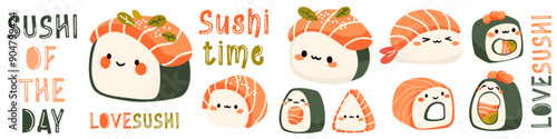PrintCute vector set of sushi and rolls. Japanese food with positive faces. Funny inscriptions about food and sushi. Printable prints . Vector illustration