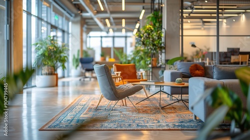 Modern Biophilic Office Design: A spacious and inviting coworking space filled with natural light and lush greenery, featuring comfortable seating areas for collaboration and relaxation.  photo