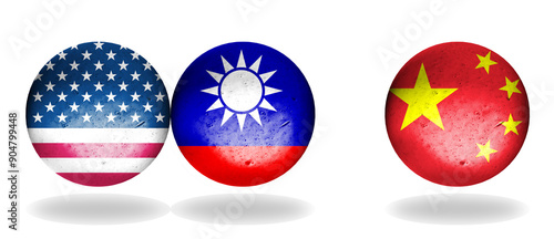 Flags of China, USA and Taiwan. Round flag. Logo on white background. Trilateral dialogue, Taiwan sovereignty. Texture pattern concept. Base image and background. Double exposure hologram.