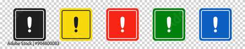 Set of square black, yellow, red, green and blue road signs with exclamation point. Caution sign. Vector icons for warning about the situation on the road. Isolated background