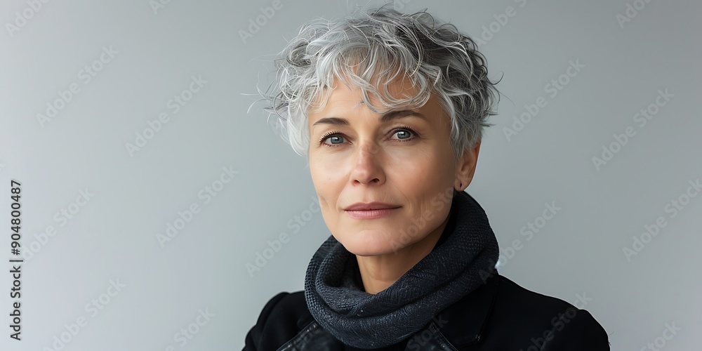 Beautiful gorgeous mid aged woman looking at camera isolated on gray white. Mature old lady close up portrait. Beautiful gorgeous mid aged woman looking at camera isolated on gray white. Mature old lady close up portrait.