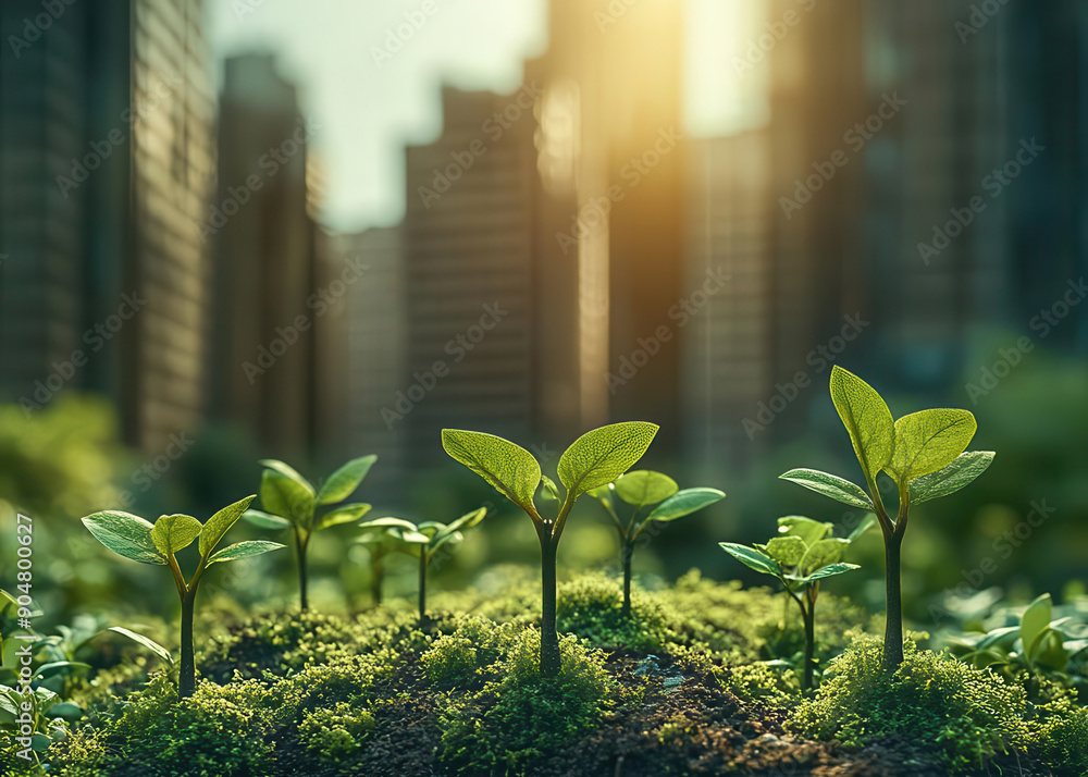Cityscape transitioning into a forest with seedlings