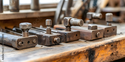 Close-up of metal tools arranged on a workbench