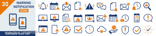 Warning notification icon set. Set of 30 outline icons related to warning, alarm, nothification, time. Linear icon collection. Warning notification outline icons collection. Editable stroke.
