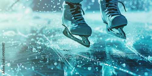 Artistic Sports Imagery: Ice Skates Landing on Pristine Ice Rink Surface photo