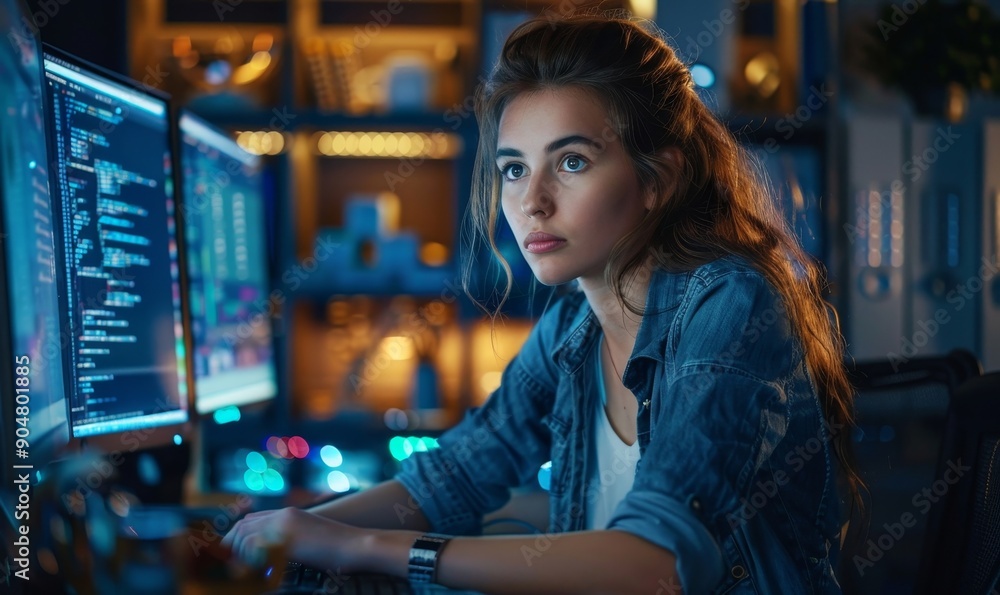 Female Software Engineer Writing Code on Desktop Computer with Multiple Screens Setup in Stylish Coworking Office Space. Professional Caucasian Woman Working on SaaS Platform Innovative, Generative AI