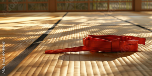 Creative Sports Concept: Karate Belts Falling Onto a Traditional Tatami Mat Background photo