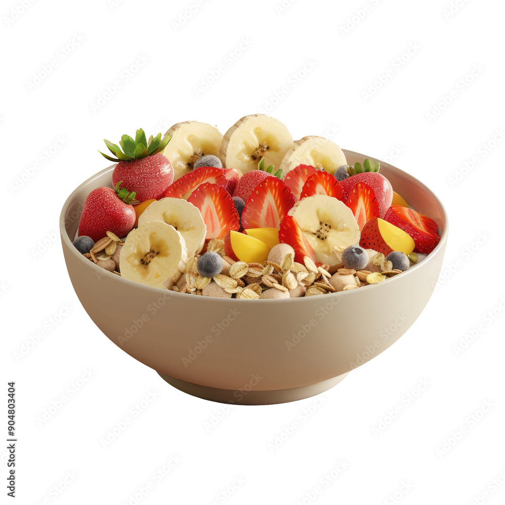 Bowl of tasty muesli topped with fresh banana slices, strawberries, and assorted fruits on a transparent background. Bowl of tasty muesli topped with fresh banana slices, strawberries, and assorted fruits on a transparent background.