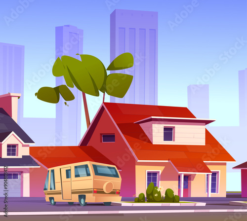 Suburban town street against cityscape background. Vector cartoon illustration of van parked near house garage, green tree and flowers on bush, modern skyscraper silhouettes, suburb neighborhood