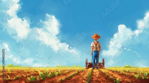 Farmer in Field with Blue Sky.